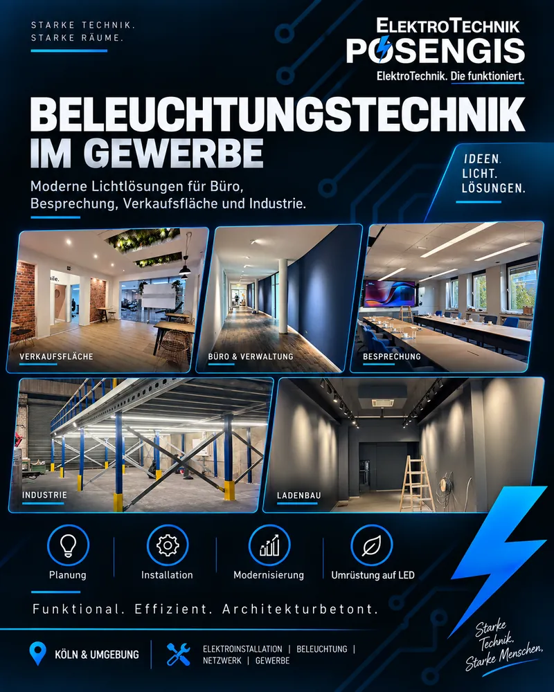 Collage mit Beleuchtungsprojekten von ElektroTechnik Posengis im Gewerbe: Verkaufsfläche, Büro und Verwaltung, Besprechungsraum, Industriehalle und Ladenbau