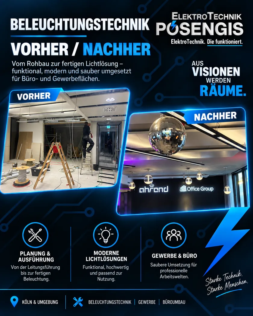 Vorher-Nachher einer Beleuchtungsinstallation durch ElektroTechnik Posengis: links Rohbau mit offener Decke, Kabeltrommeln und Monteur auf der Leiter, rechts fertiger Empfangsbereich mit linearen LED-Pendelleuchten und Glas-Pendelleuchten