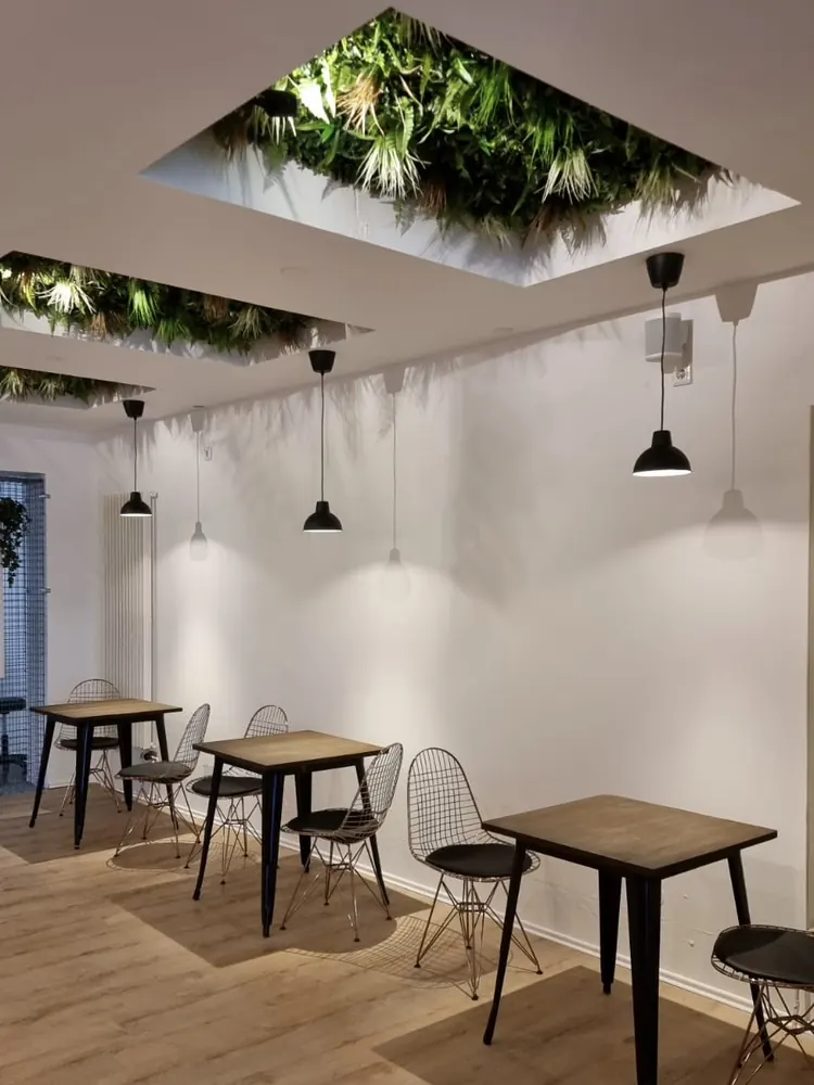 Schwarze LED-Pendelleuchten über Holztischen in einem hellen Aufenthaltsbereich mit Pflanzen in der Decke