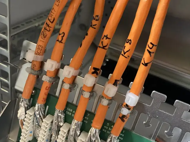 Beschriftete Cat-7-Kabel beim Auflegen auf das Patchfeld