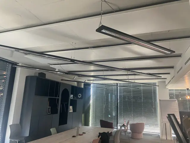 Abgehängte lineare LED-Pendelleuchten in einem Großraumbüro
