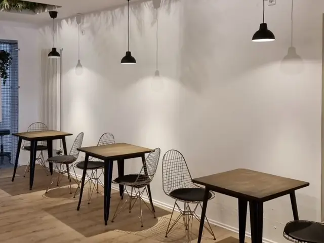 Pendelleuchten und Einbaustrahler in einem Café-Bereich mit begrüntem Deckenausschnitt