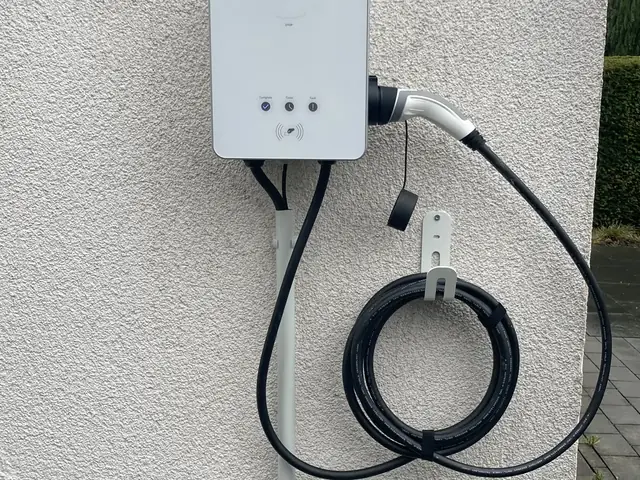 Wallbox mit Kabelhalter an einer weißen Hauswand