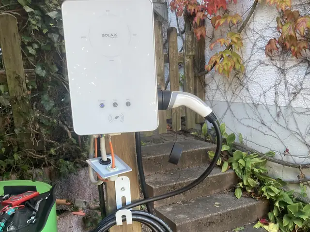 Wallbox an einem Holzpfosten im Außenbereich