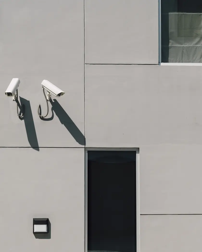 Zwei Außenkameras an einer grauen Hausfassade oberhalb eines Eingangs, daneben eine Außenleuchte