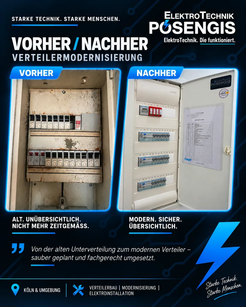 Vorher-Nachher einer Verteilermodernisierung durch ElektroTechnik Posengis: links alte, verrostete Unterverteilung mit Schraubsicherungen, rechts neuer Hager-Verteiler mit Hauptschalter, Überspannungsschutz, FI/LS-Schaltern und Sicherungslegende