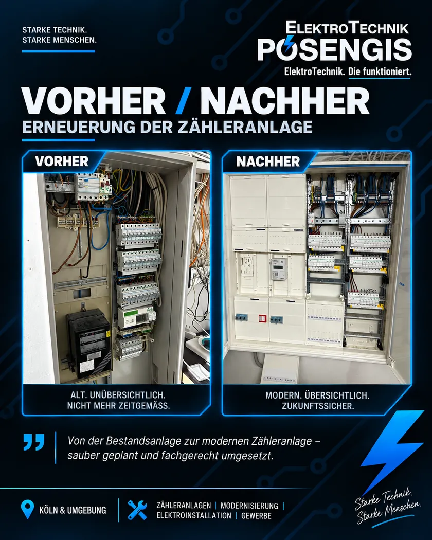 Vorher-Nachher-Vergleich einer Zähleranlagen-Erneuerung durch ElektroTechnik Posengis: links alter, unübersichtlicher Zählerschrank mit Ferraris-Zähler, rechts moderner Zählerschrank mit elektronischem Zähler und übersichtlichem Verteilerfeld