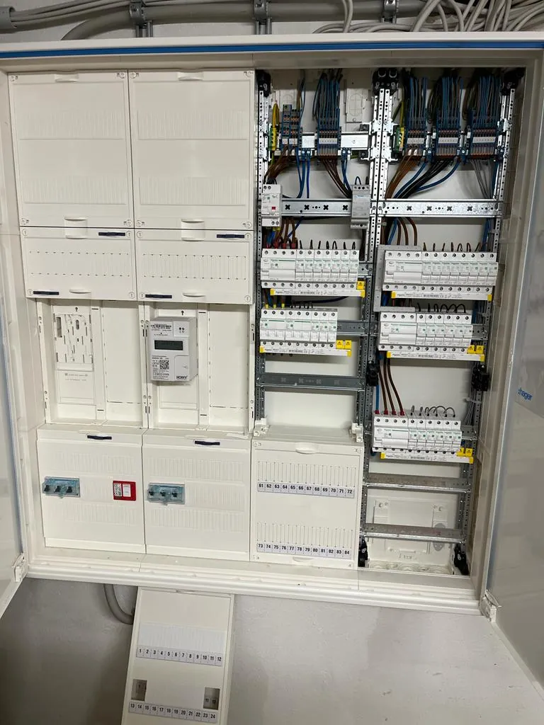 Neu installierter Hager-Zählerschrank mit mehreren Zählerplätzen, elektronischem Zähler, Hauptleitungsschutz und Verteilerfeld mit FI/LS-Gruppen